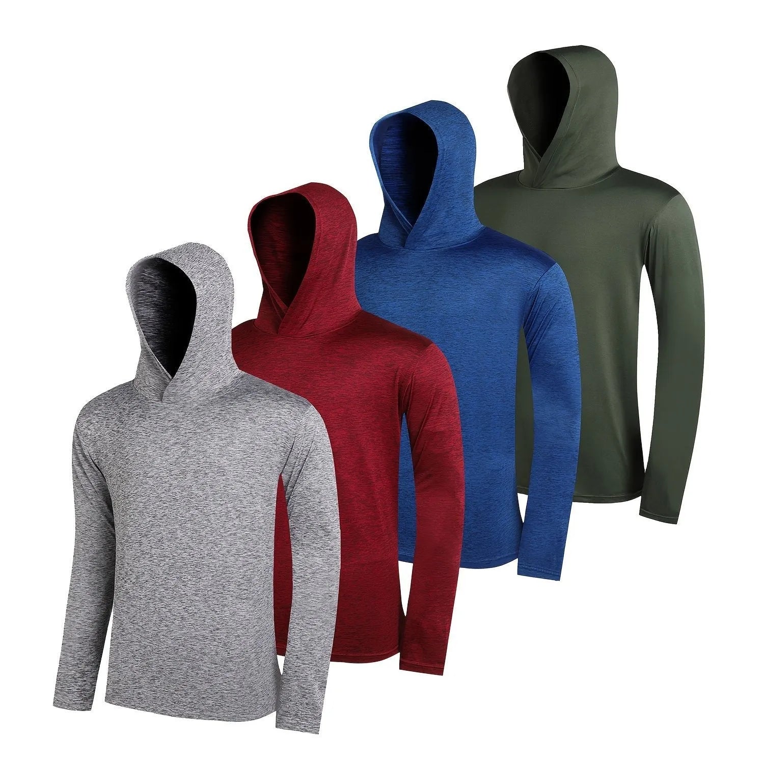 Pack of men's lightweight polyester hoodies in assorted colours on hangers