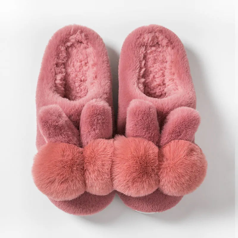 Women's rabbit fur high-upper winter slippers with floral decoration in coffee colour