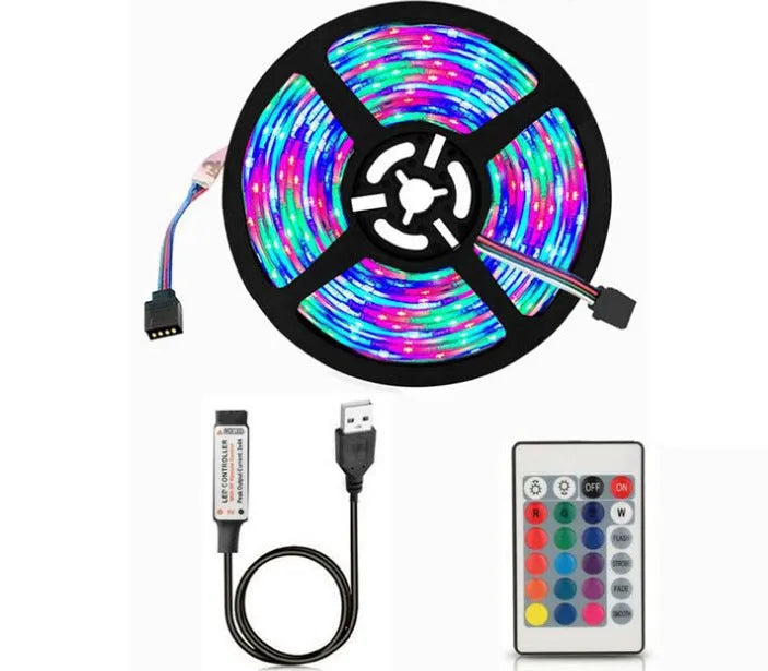 1 metre long USB LED light strip with attached cable, available in six colour options including white, blue, and red.