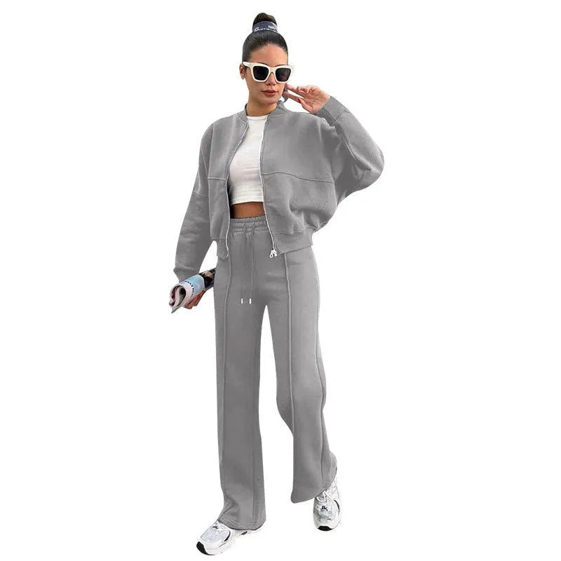 Women's fleece zipper cardigan and straight trousers suit in black, casual style with long sleeves