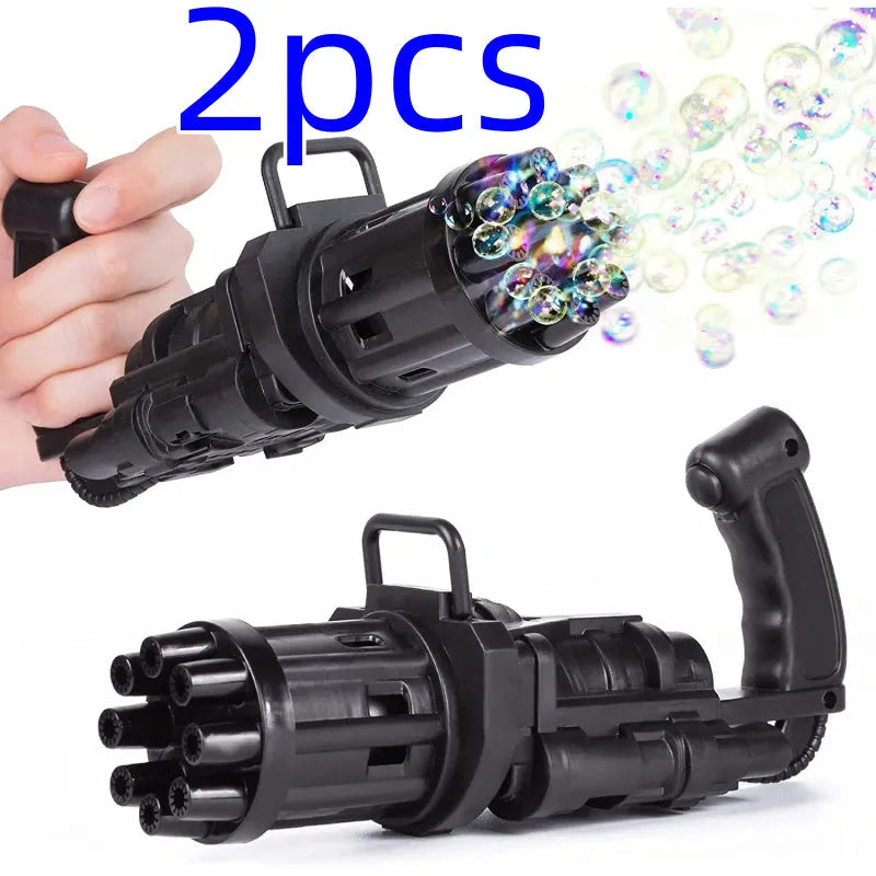 Realistic pink bubble machine gun toy for kids on a green lawn.