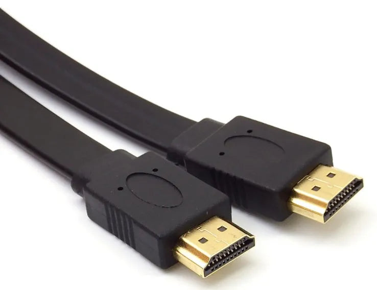 Flat black HDMI cable with male connectors on a white background.