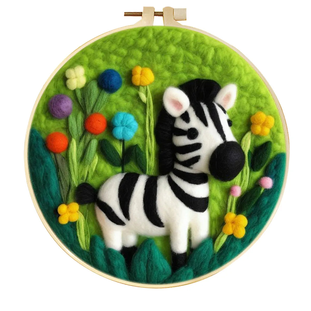 Round 20x20 cm linen embroidery kit with wool felt pieces for floral design and included embroidery frame.