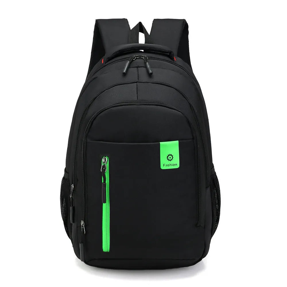 Blue lightweight Oxford fabric backpack for teenagers with side zip pockets and padded straps.