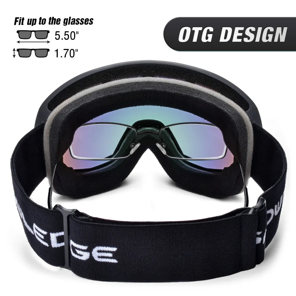 Double-layer anti-fog ski goggles in glossy white frame with pink dual lens and SNOWLEDGE laser logo