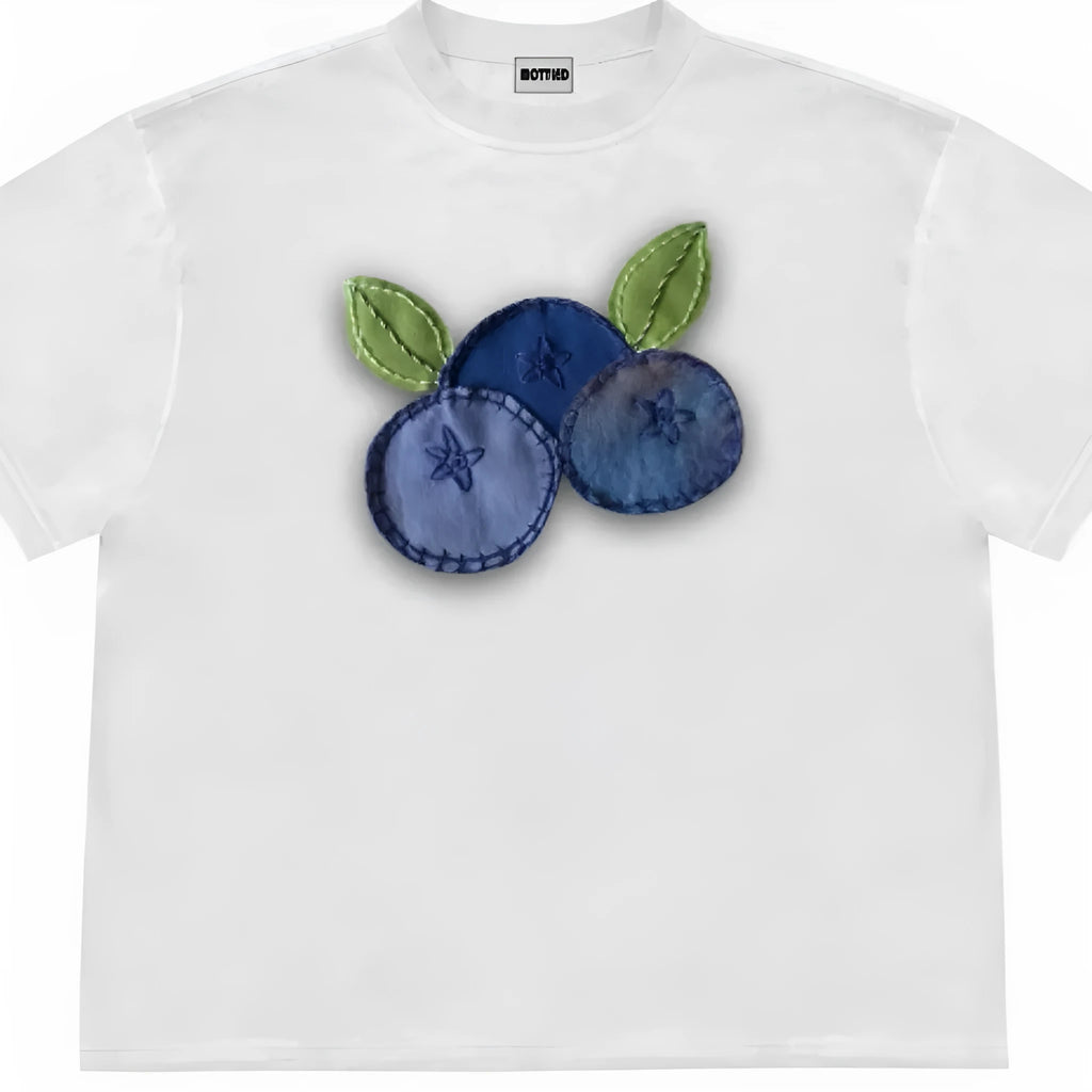 Blueberry patchwork pattern T-shirt with short sleeves and round neck in loose fit styling