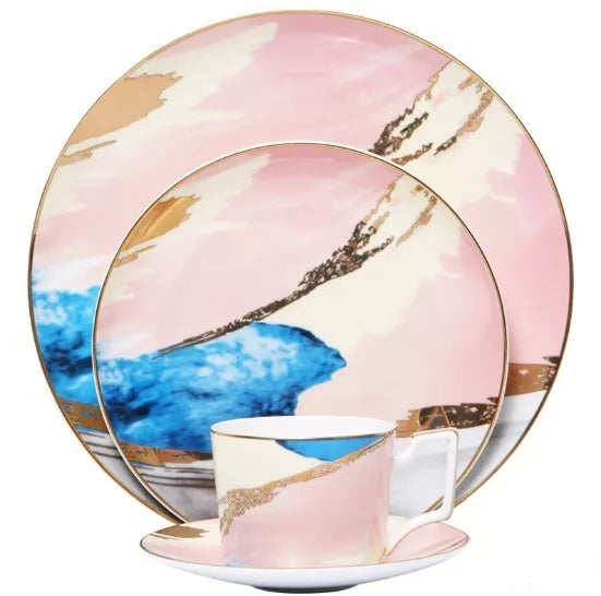 Watercolour dessert plate with real gold edge, 10.5 inch bone china porcelain, pink colour