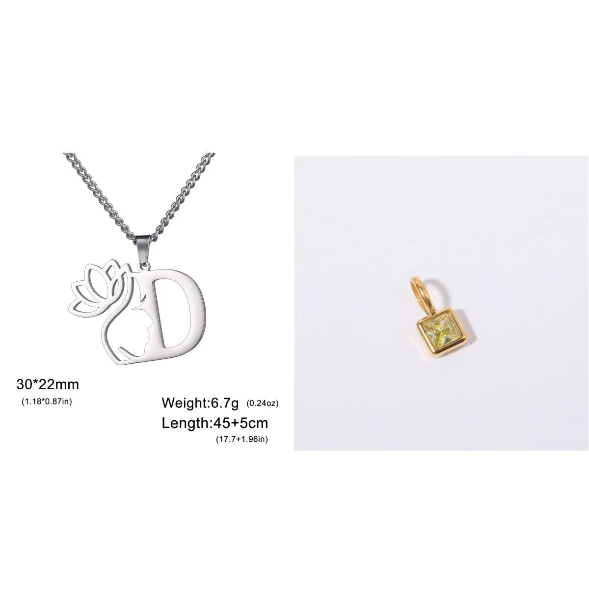 Stainless steel necklace with letter pendant on cross chain in gold or silver electroplated finish