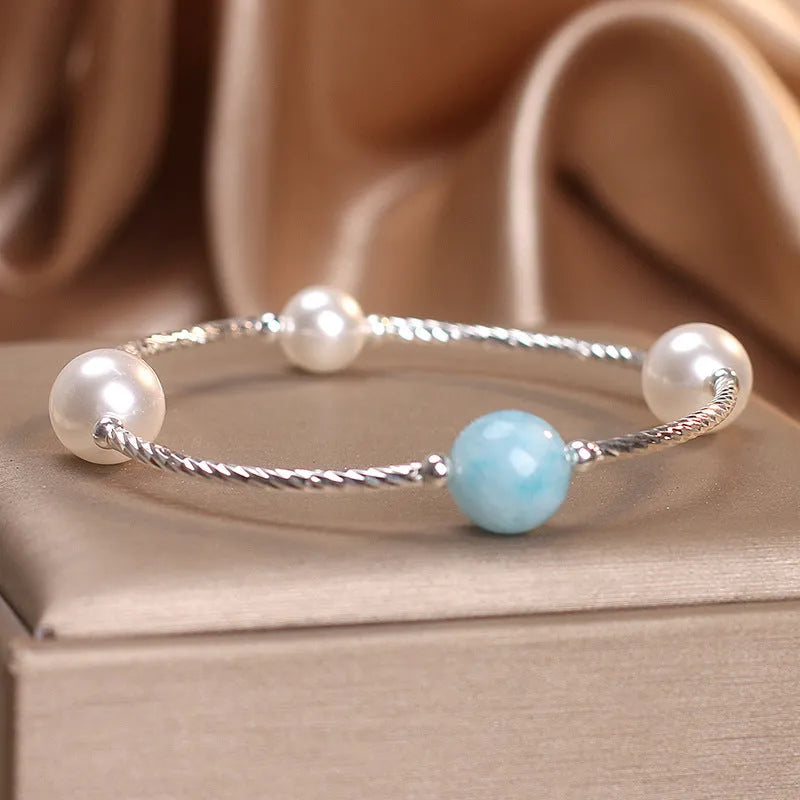 Niche design agate bracelet with sea-pattern stone and cherry blossom beads in blue and pink for women