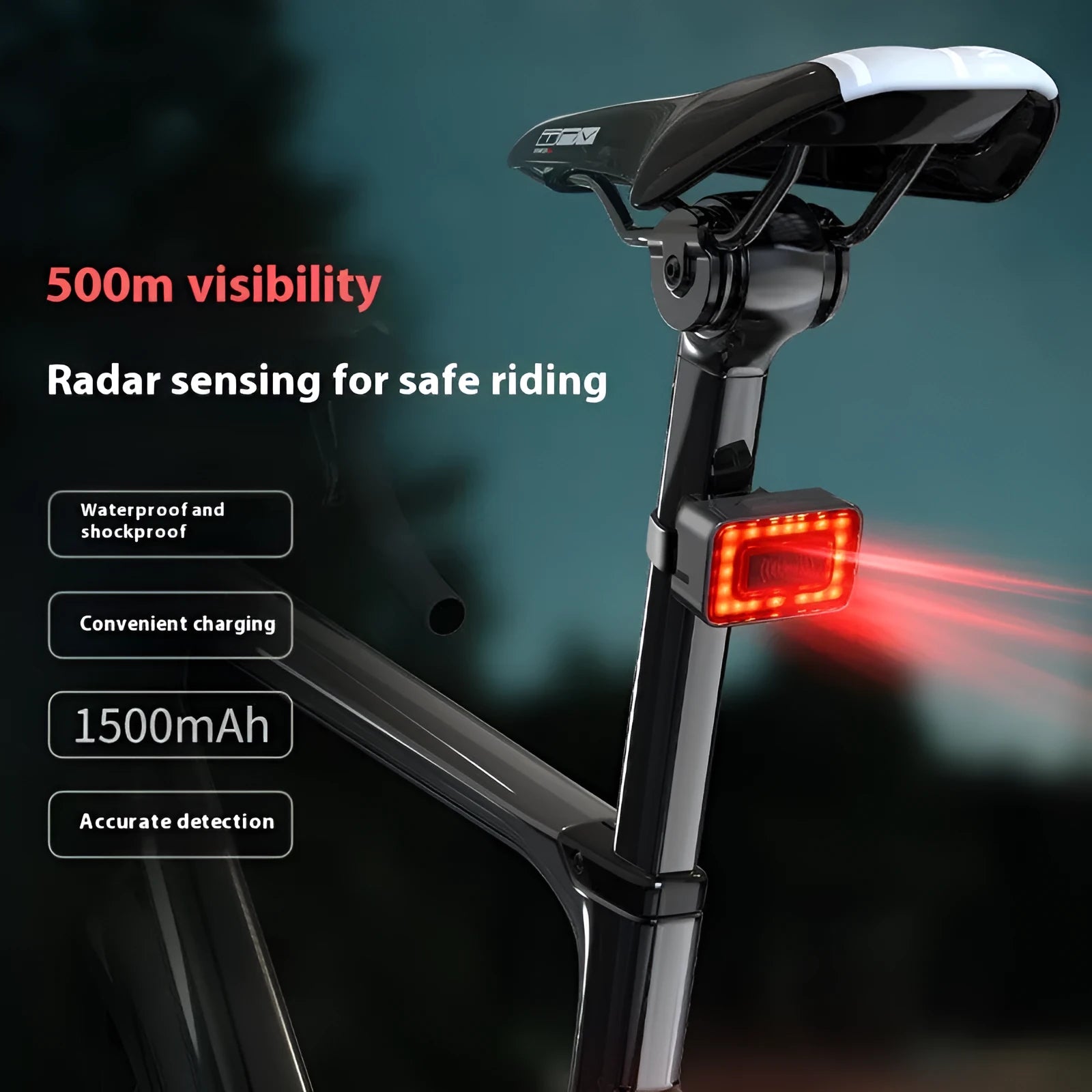 Black bicycle taillight with radar detection mounted on double bracket showing dimensions 59.0×39.5×28.5mm