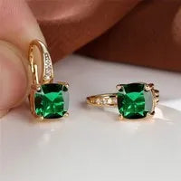 Square geometric ear hook studs with a round zircon stone, shown in a gold electroplated finish.