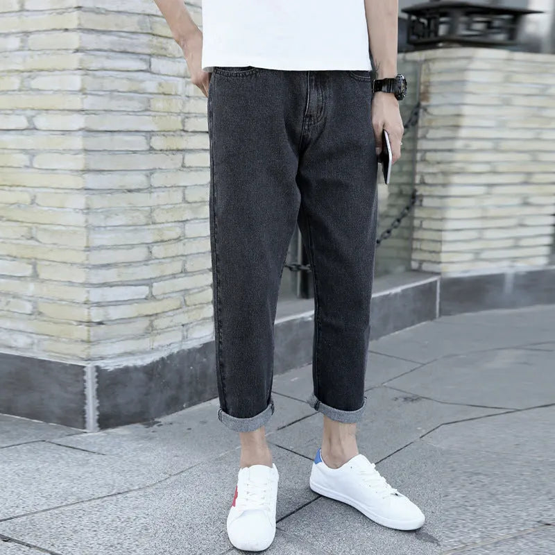 Men's black loose straight jeans with harem-style casual cut