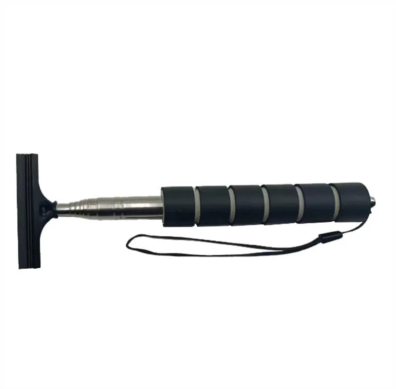 Retractable stainless steel car wiper hanging from a rearview mirror, shown extended and in black colour.