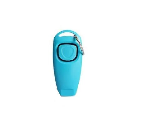 Plastic two-in-one dog training ring and whistle in black on a plain background