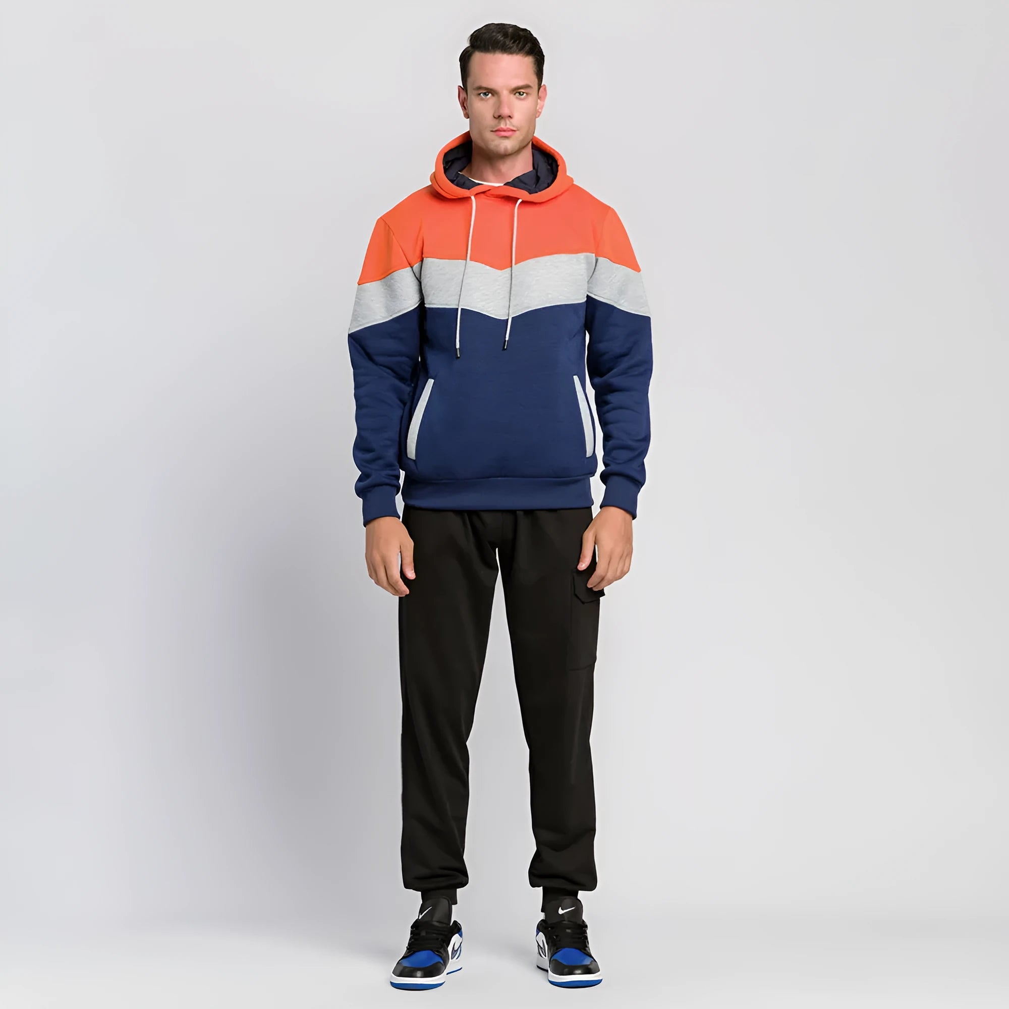 Men's solid colour thickened polyester oversized pullover hoodie with hood, long sleeves, round neck, loose fit, spring autumn casual wear, available in army green.