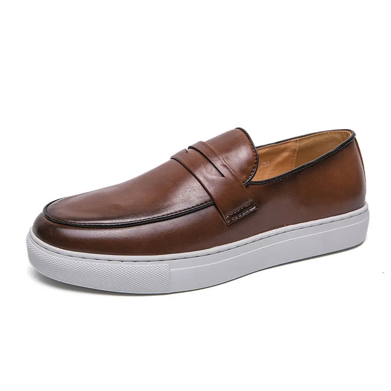 Plus size men's business casual board shoes in brown with flat heel, round toe, and rubber sole