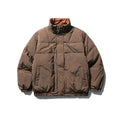 Men's brown plaid reversible down jacket with stand-up collar and hood, medium length, white duck down filling