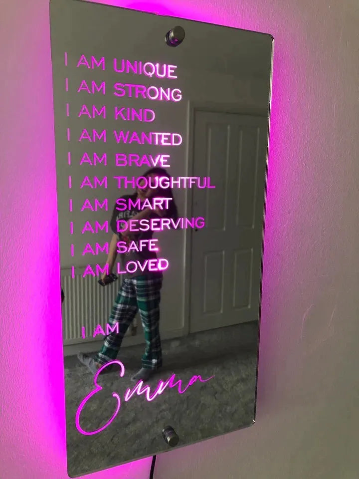 Personalised acrylic LED name mirror light with custom photo, soft glow, and remote control