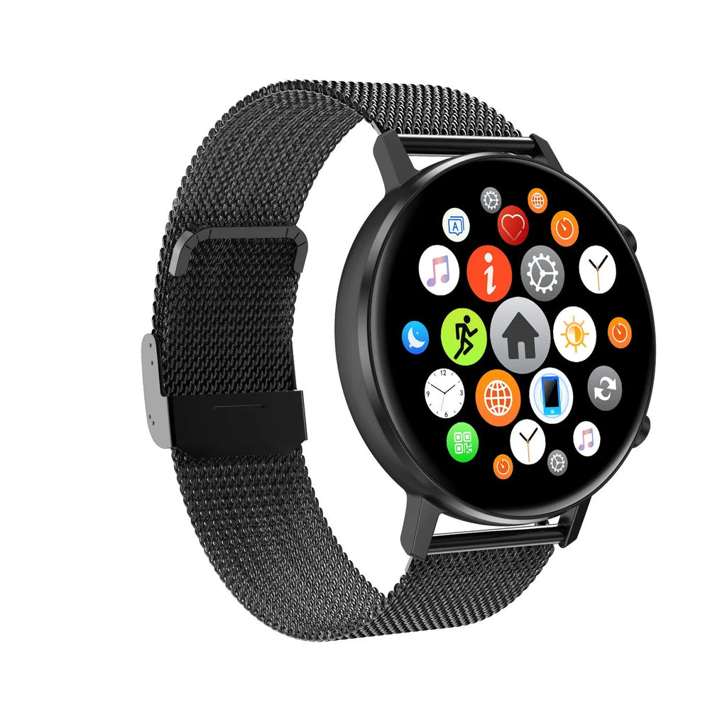 DT96 smart fitness tracker with stainless steel strap on a wrist, showing its colour display.