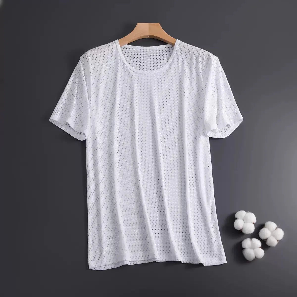 Men's solid colour Ice Silk short sleeve crew neck T-shirt in loose fit on a hanger.