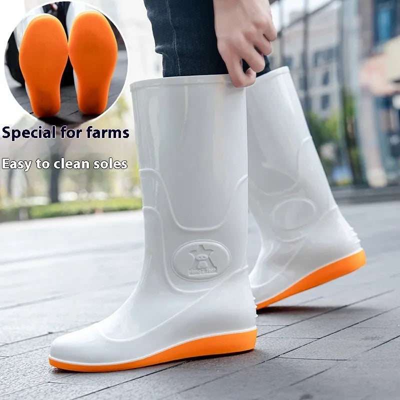 Flat washable rain boots for men white yellow plastic labour protection waterproof high cylinder round toe