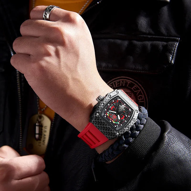 Trendy waterproof luminous men's quartz watch with black shell and red belt, alloy case, 18mm thickness