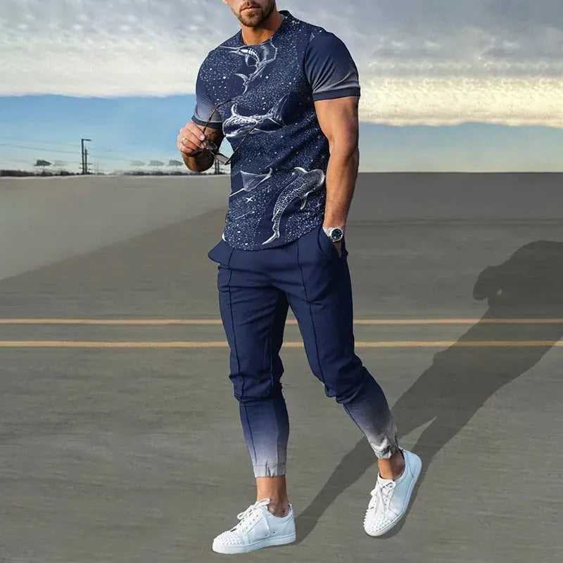 Men's slim-fit two-piece sports suit with short sleeve printed t-shirt and matching trousers in polyester blend fabric