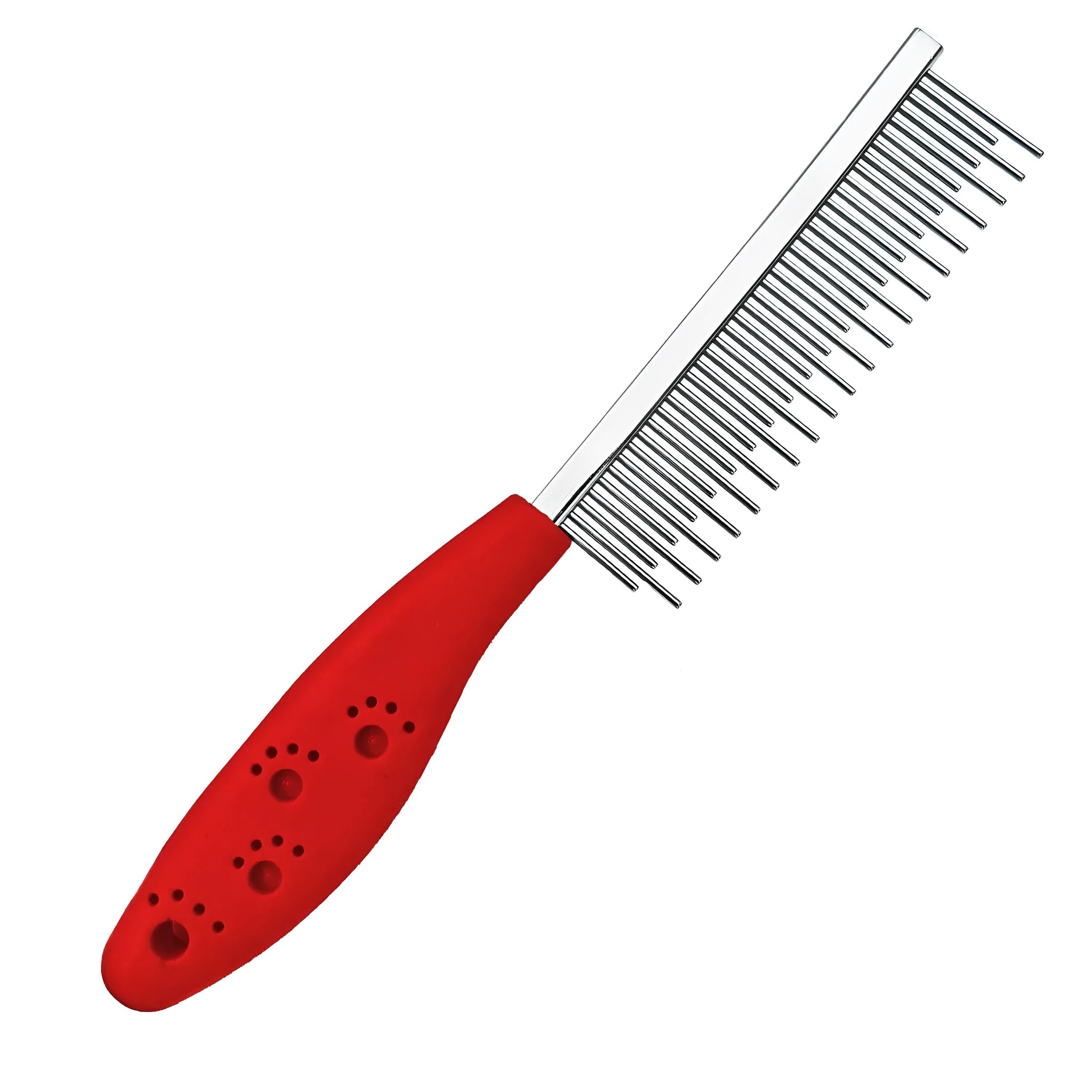 Red plastic handle pet grooming comb with stainless steel long and short teeth for dematting dogs and cats