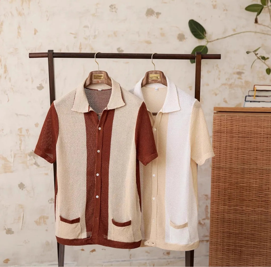 Beige short sleeve knitted cardigan with lapel collar, made from linen and cotton blend fabric.