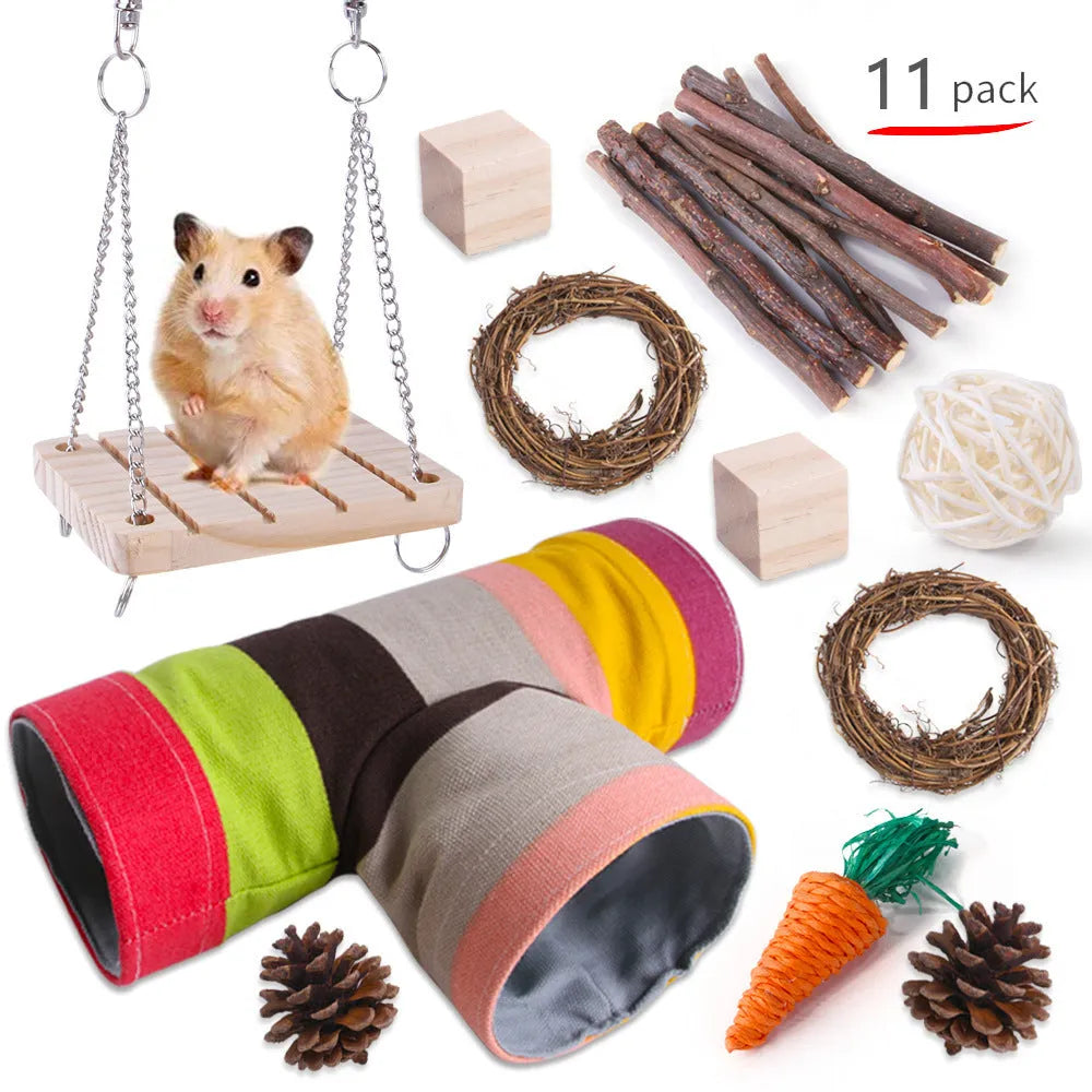 Wooden pet toy set with molar stick, straw mattress and woven balls for rabbits, guinea pigs and parrots