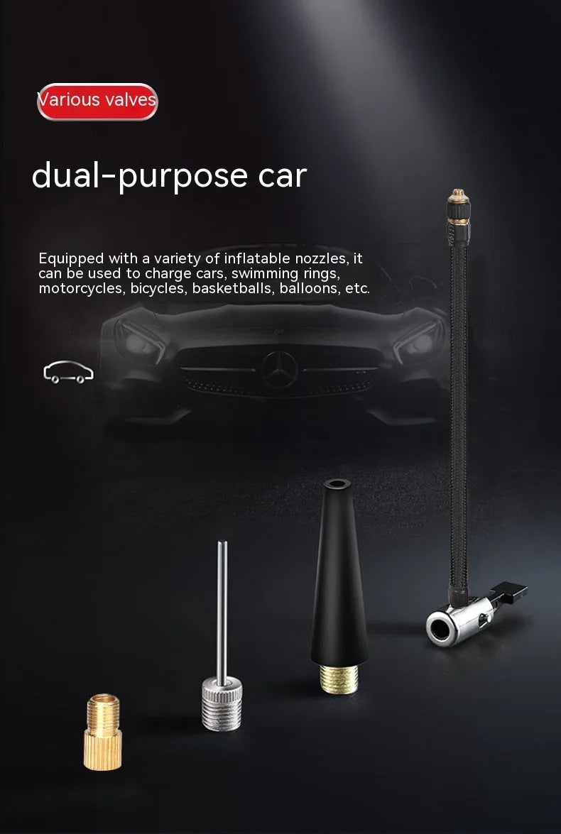 Red and black portable wireless car air pump with battery, power cable, and sports ball adapters