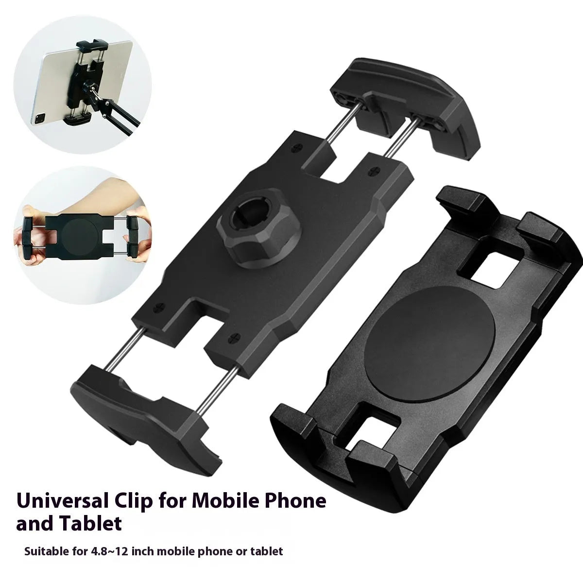 Metal cantilever bracket bedside table with four clips holding a mobile phone