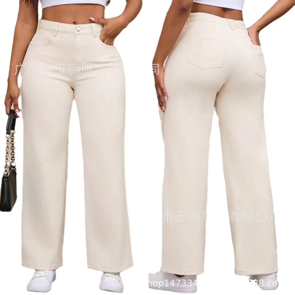 Women's high-waist straight-leg wide jeans in apricot colour, laid flat