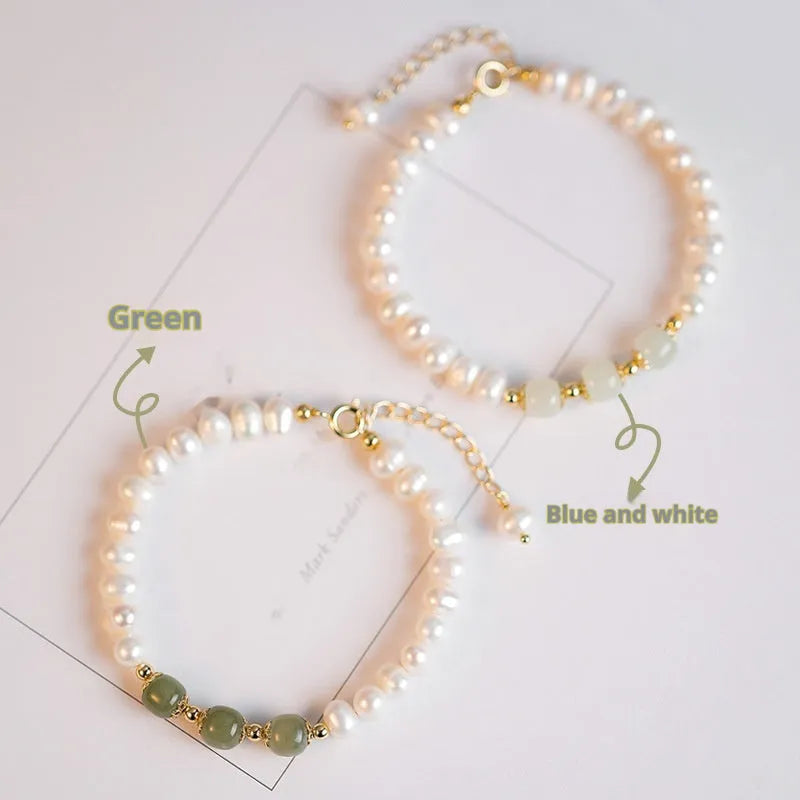 Natural freshwater pearl bracelet with diamond-shaped pearls in Korean style design showing Hetian jade colour options