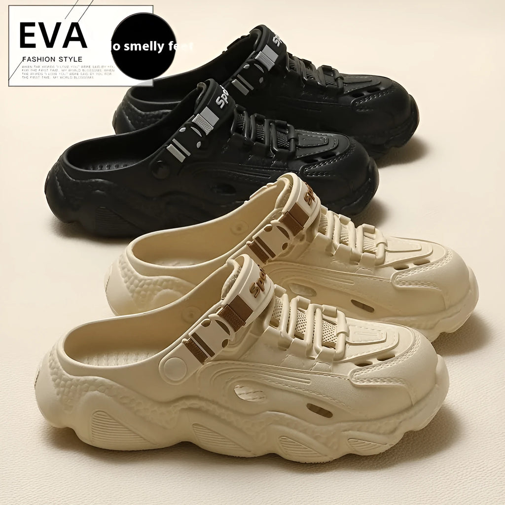 Men's khaki outdoor slippers with hollow-out design and lightweight EVA sole on a wooden deck.