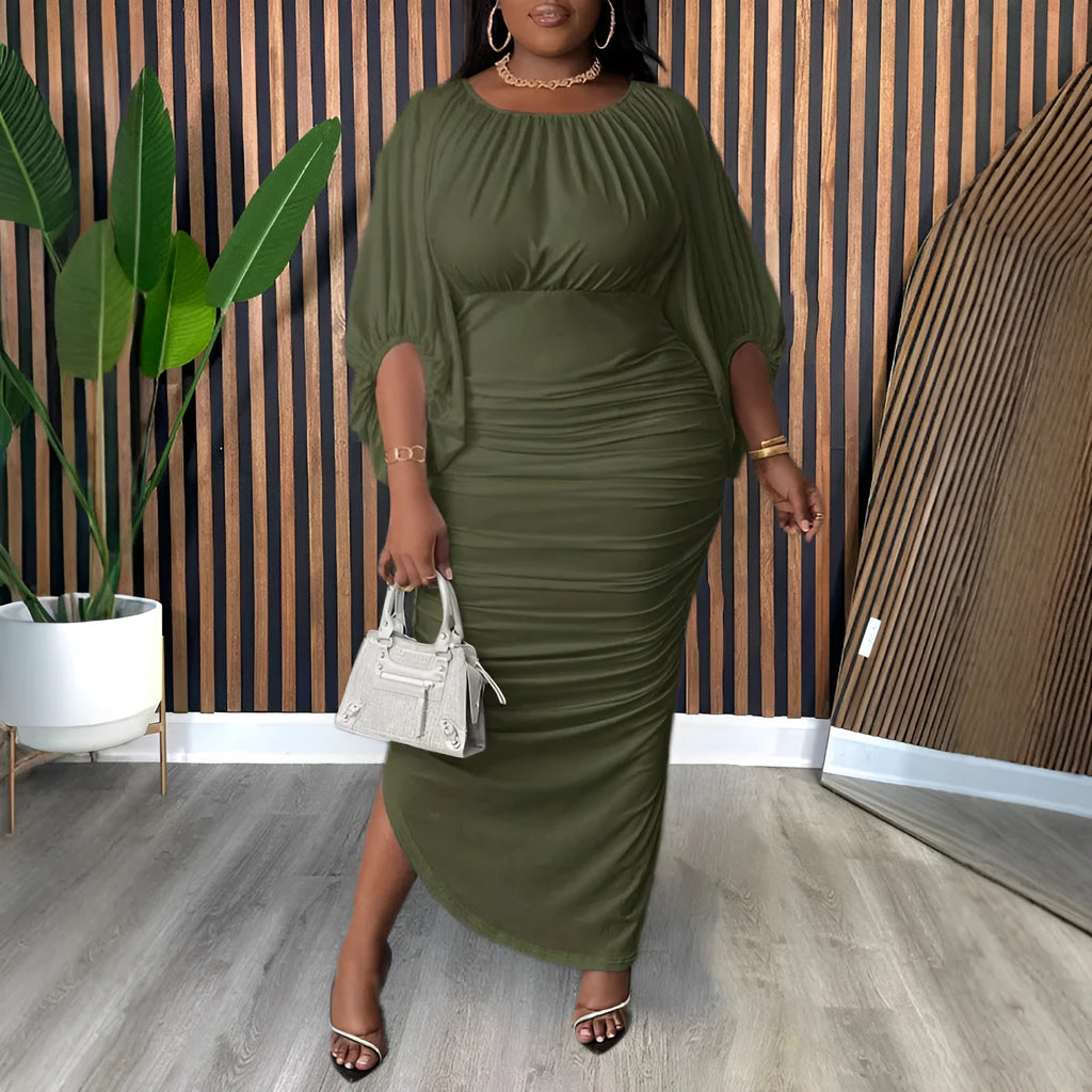 Army green solid colour round neck raglan sleeve shirred long dress on model, plus size 1XL-5XL