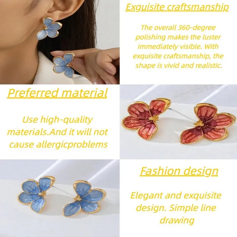 Three-dimensional flower earrings in blue colour with metal finish, exquisite design for women