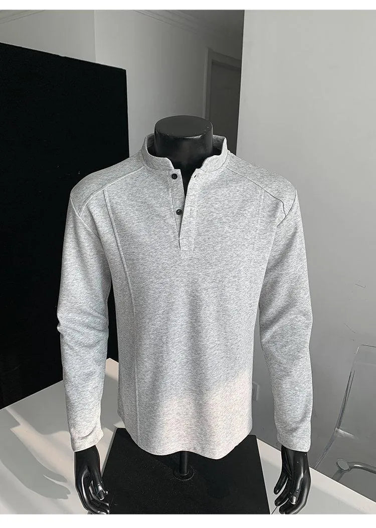 Men's asymmetric patchwork stand-up collar long sleeve cotton polo shirt in loose fit