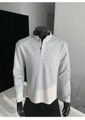 Men's asymmetric patchwork stand-up collar long sleeve cotton polo shirt in loose fit