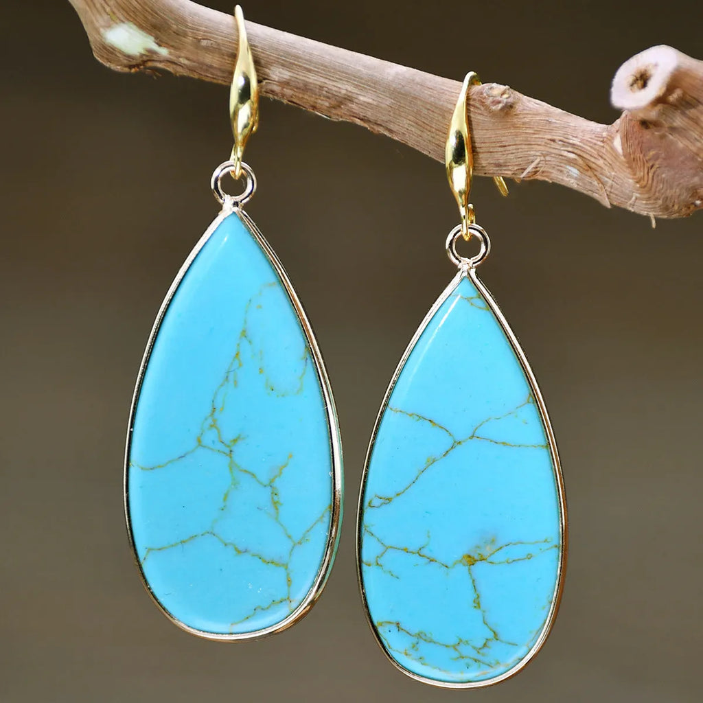 Handcrafted vintage stone water droplet earrings in tigereye, amethyst, pink crystal, redstone and turquoise colours