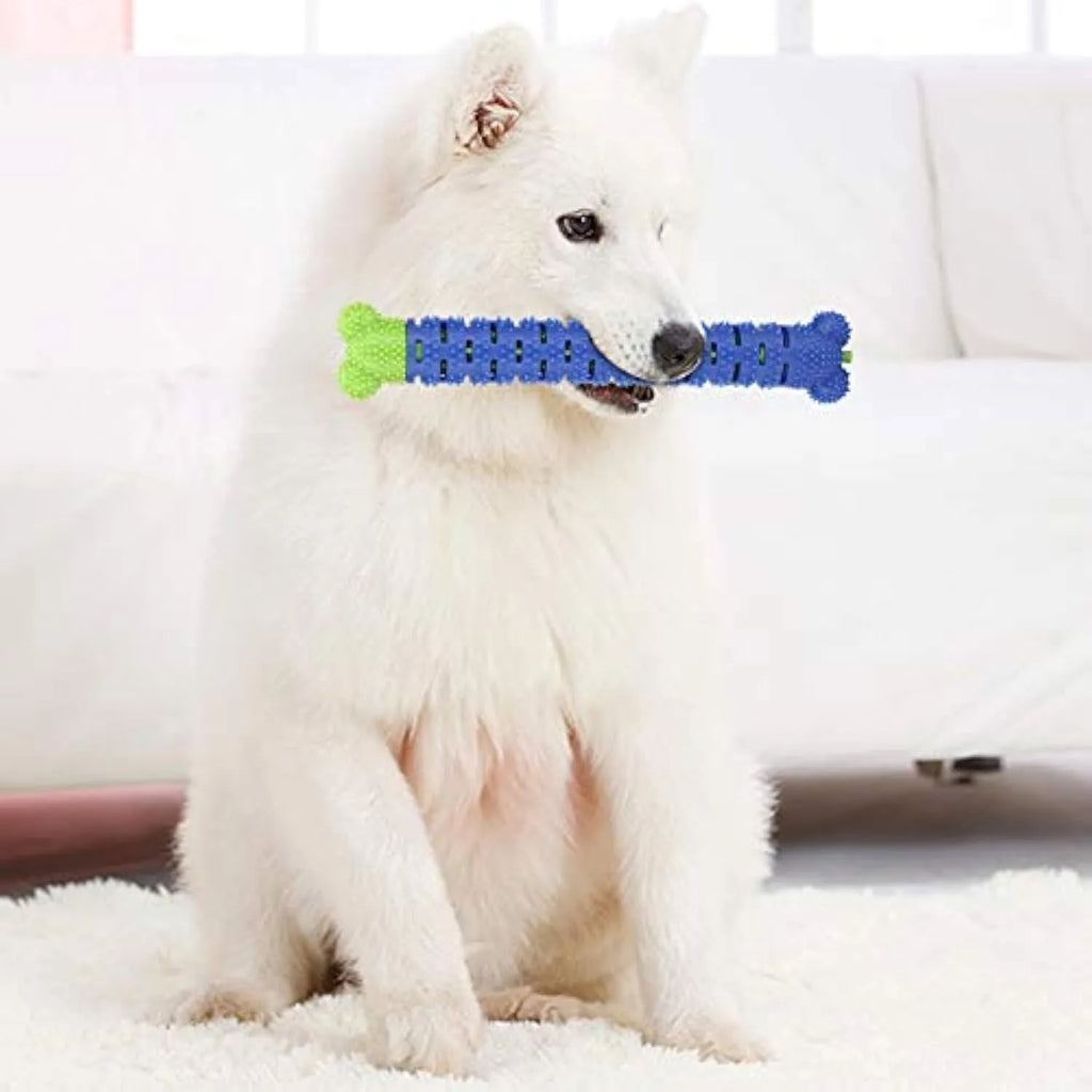 Blue and green dog dental chew toy with textured brush head and massage nodules for teeth cleaning and gum care.