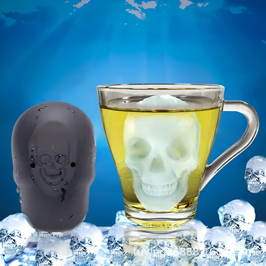 White silicone Halloween ice cube tray with detailed 3D skull mould cavities.