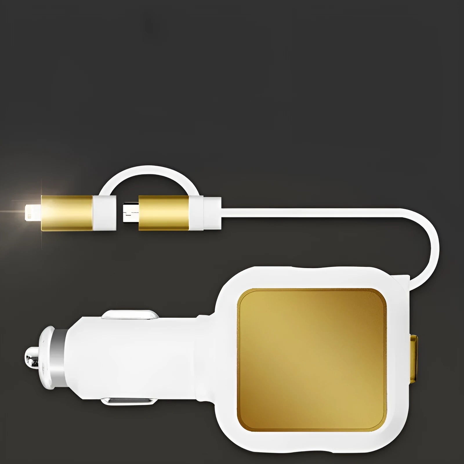 Black and gold dual USB car charger with retractable cable for vehicle use