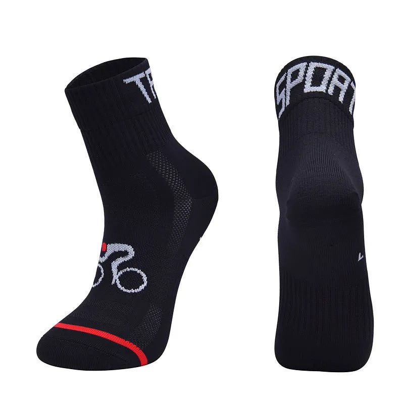 Set of professional outdoor nylon cycling and running socks in black, blue, green, orange and white colours, available in sizes M to XL