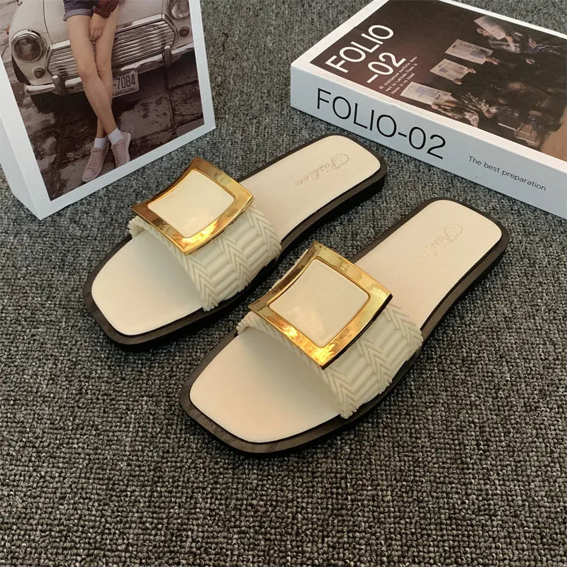 Women's flat summer slippers in apricot colour with a non-slip PVC sole.