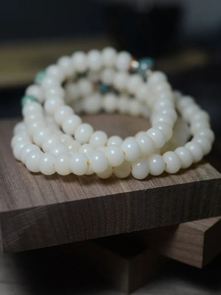 White jade Bodhi seed bracelet with 108 flat round beads in unisex national style