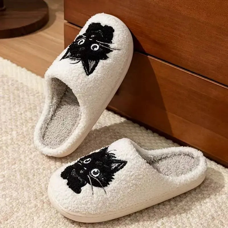 White plush cotton couple slippers with black beard cat cartoon design and non-slip TPR soles