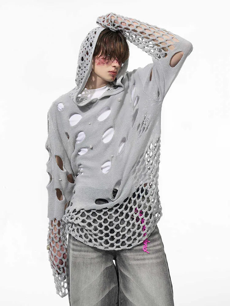 Black men's hooded sweater with pearl decoration, loose thin knit pullover style