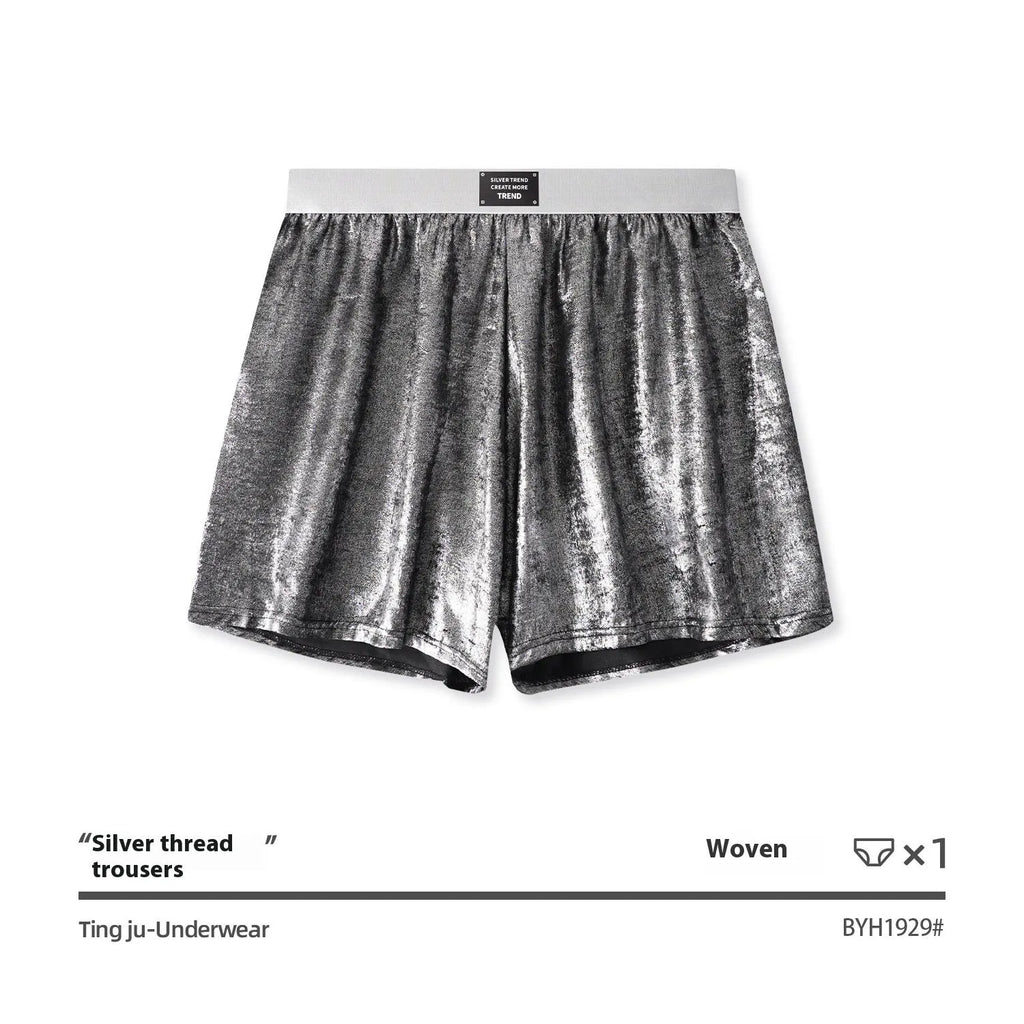 Galaxy reflective bright silver casual woven loose sports underwear in mid-waist design