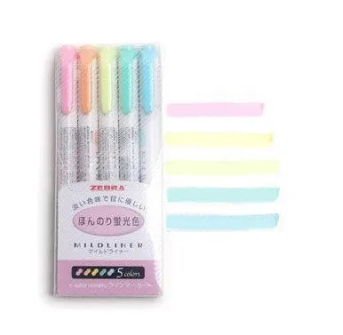 Five Zebra Mildliner double-sided highlighters with softly-coloured water-based ink, chisel and fine bullet tips, in a set